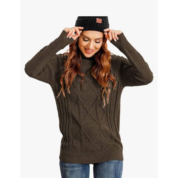 HWOKEFEIYU Women's Turtleneck Cable Knit Long Sleeve Pullover Sweater Dark Khaki - Picture 4 of 9